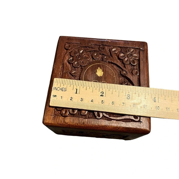 Floral Carved Wooden Box False Bottom Brass Inlay India  Stash Secret - Picture 5 of 8